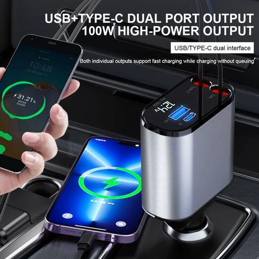 Chargeur de Voiture 4-en-1 120W - Câbles Rétractables