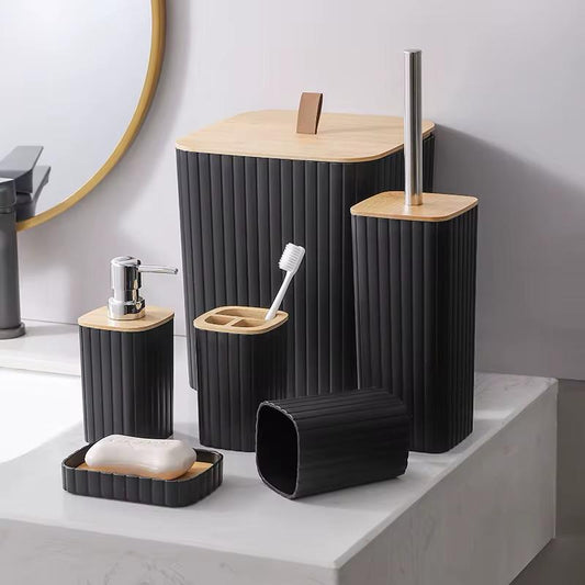 Ensemble d'accessoires de salle de bain en résine de poly et bambou - 6 pièces