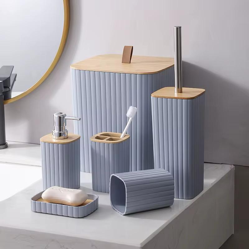 Ensemble d'accessoires de salle de bain en résine de poly et bambou - 6 pièces