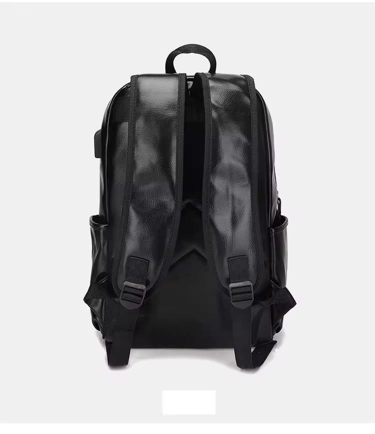 Sac à dos en cuir noir avec grande capacité et port de charge USB – Idéal pour les voyages, le travail et les études