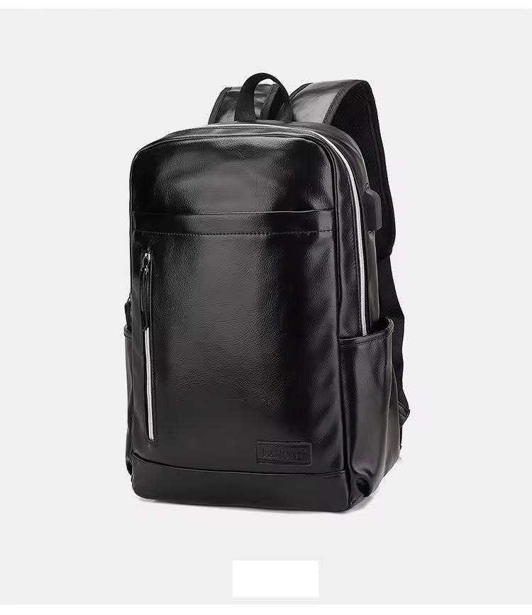 Sac à dos en cuir noir avec grande capacité et port de charge USB – Idéal pour les voyages, le travail et les études