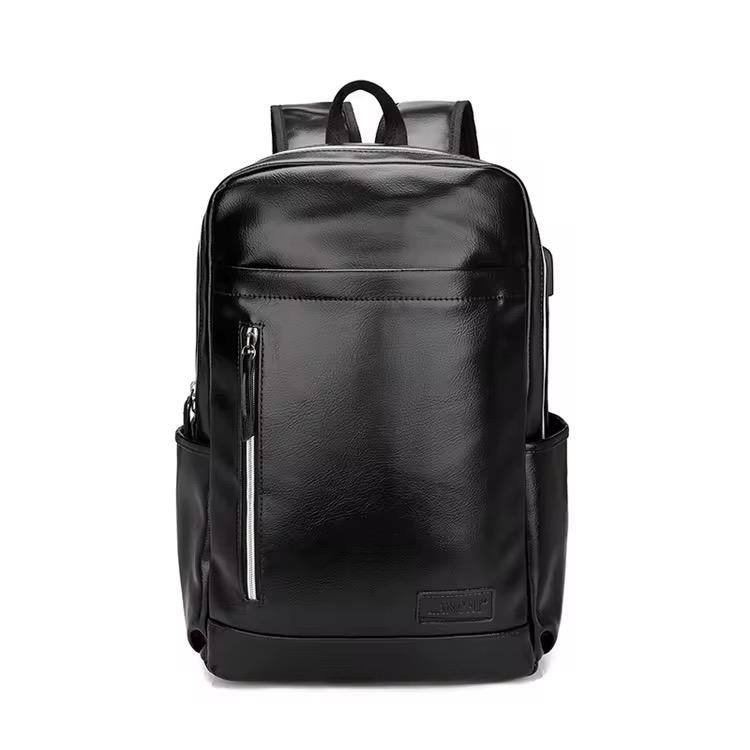 Sac à dos en cuir noir avec grande capacité et port de charge USB – Idéal pour les voyages, le travail et les études